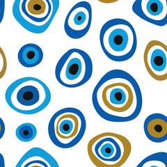 Cute seamless pattern design with evil eye, Nazar. Hand drawn talismans in blue and ocher tones. Modern boho design. Vector illustration.eps