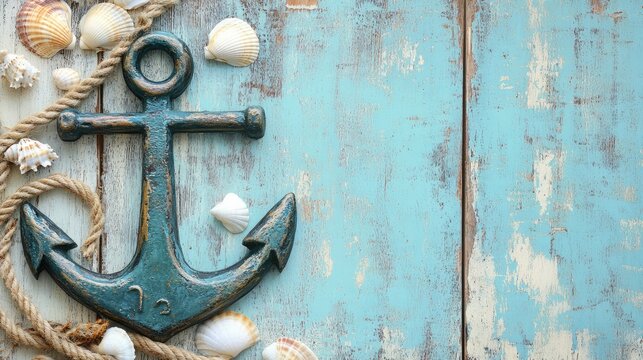Metal anchor placed on weathered wooden boards, surrounded by nautical rope and seashells in a rustic setting