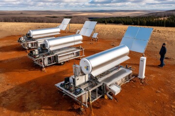 Innovative solar energy equipment on a rural landscape.