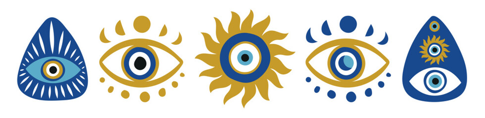 Set of evil eyes, nazar, hamsa. Esoteric protective icons with sun, moon and stars. Various shapes of talismans in blue tones. Modern vector illustration.eps