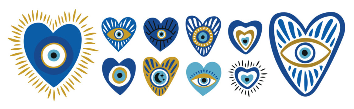 Set of evil eyes in the shape of a heart. Nazar, hand drawn icons of amulets and talismans with modern design in boho style. for prints, decoration, patterns..eps