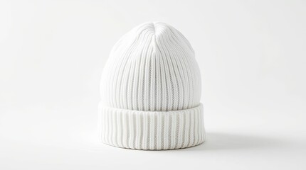 A simple, ribbed, white knit beanie hat against a plain background.