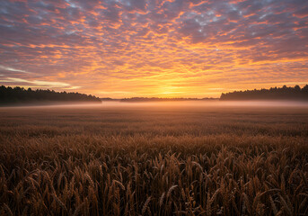 Majestic Sunrise Over Wheat Field Golden Hour Landscape, Cloudy Sky, Foggy Forest, Morning Light.