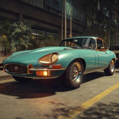 Classic Teal Jaguar E-Type on a City Street