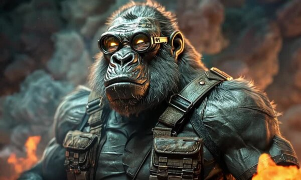 Gorilla soldier in futuristic gear amid explosions.