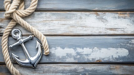 Obraz premium Wooden surface layered with sea rope and a silver anchor creating a rustic nautical display