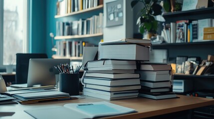 A pile of workbooks and journals arranged on a light wood desk with modern office decor