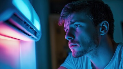 Worried man stares at the air conditioner with blue and pink light. Use to represent problems with cooling, repair, or high energy costs.
