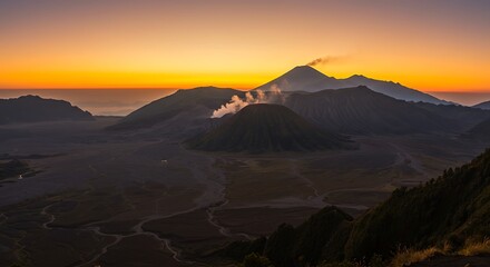 Naklejka premium Volcanic Peaks at Dawn: Steaming Craters & Golden Horizon.
