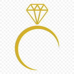Wedding ring icon. Jewelry logo. Engagement diamond ring icon. Proposal symbol. Brilliant gold jewellery vector illustration isolated on Transparent Background. EPS 10.