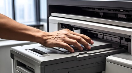 Bussiness man Hand press button on panel of printer printer scanner laser.generative.ai