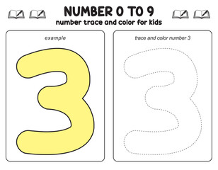 Trace line and coloring  alphabet and number worksheet for kids, educational games, preschool children , activity games