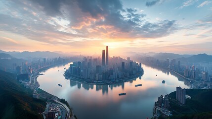 Naklejka premium Cityscape view at sunset. Wide river, skyscrapers, mountains, and hazy sky