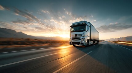 Modern white semi-truck driving on highway at sunset