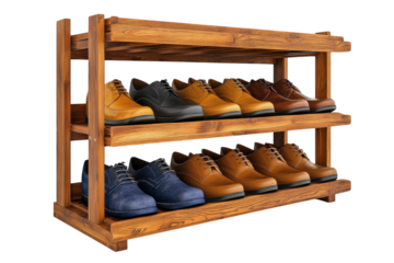 Rustic Wooden Shoe Rack Displaying Stylish Leather and Suede Shoes in Various Colors Against a on transparent background