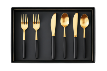 Elegant gold and black cutlery set in a luxury gift box perfect for weddings anniversaries or on transparent background