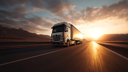 Modern white semi-truck driving on highway at sunset