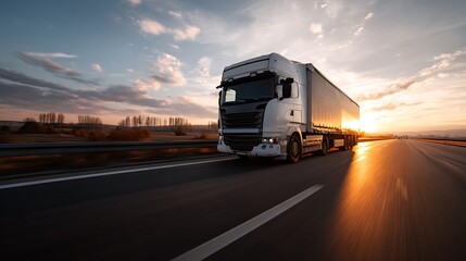 Modern white semi-truck driving on highway at sunset