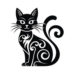 Stylized Black Cat Silhouette Vector with Decorative Swirl Patterns and Curly Tail
