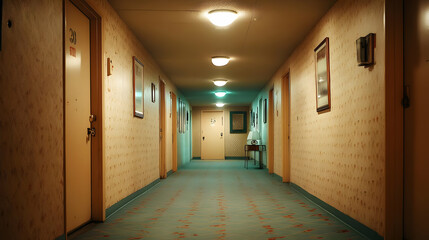 hallway with mismatched wallpaper, endless doors, and eerie green lighting