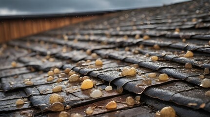 Closeup of neglected hail damage on a shingle roof resulting in severe leaks and rot.generative.ai