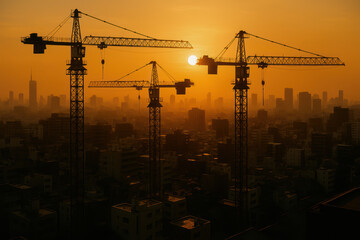 economy faces stagnation as construction cranes rise against sunset skyline, symbolizing both progress and challenges