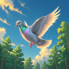 Fototapeta premium A crisp, morning sun casts a warm, golden glow on the freed pigeon as it soars into the sky, its iridescent feathers glistening with dew, wings fully extended, and tail feathers fanned out, against a 