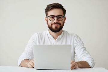 Portrait of a professional IT specialist on a white background working on a laptop.