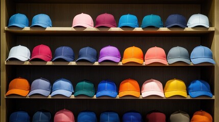 Colorful baseball caps lined up neatly on a shelf in a minimalist retail space