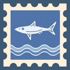 Stamp with sea animals in a minimalist style. Shark on a blue background on the waves. Vintage style