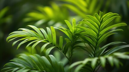 Lush green palm fronds fill the frame in soft, natural light. Perfect for nature backgrounds or conveying a tropical, calm feeling.