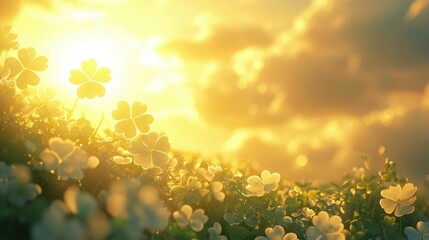 A patch of clovers illuminated by the golden light of a setting sun, with soft, ethereal clouds above.