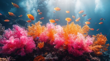Fototapeta premium Vibrant coral reef teeming with colorful fish in a sunlit underwater scene.