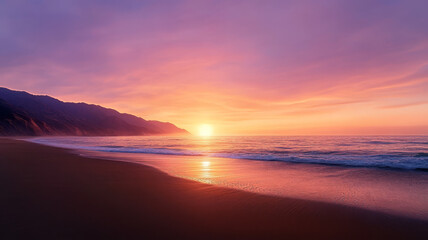 Obraz premium serene dawn view of quiet beach where ocean meets horizon, creating peaceful atmosphere