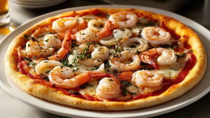 Gourmet seafood pizza topped with shrimp, calamari, and herbs on a white plate