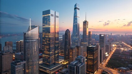Fototapeta premium Modern metropolis at dusk shanghai skyline with skyscrapers and cityscape view reflecting sunset colors over urban infrastructure