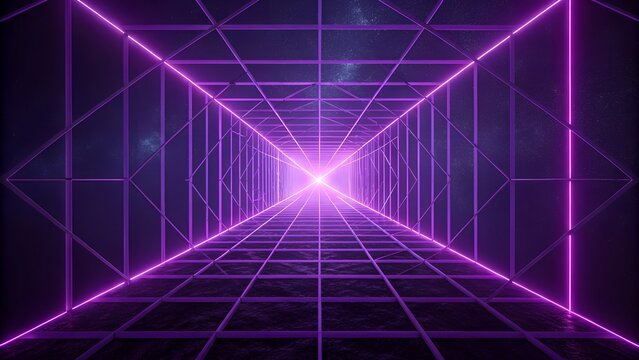 Neon grid tunnel leading to distant light futuristic abstract space background with dark blue walls and a galactic glimmer