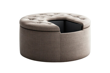 Elegant Round Ottoman with Hidden Storage Tufted Top Neutral Beige Fabric Stylish Home Decor on transparent background