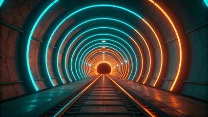 Underground train tunnel with neon lights and railroad tracks creates a modern futuristic and industrial environment
