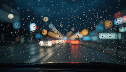 A captivating nighttime driving scene through a misty, rainy windshield, displaying city lights and traffic as a blurry, colorful abstract.