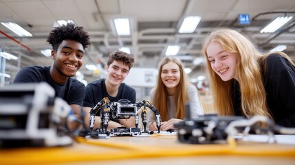 Diverse group of four enthusiastic students working on robotics project in classroom workshop with electronic components and creative teamwork atmosphere