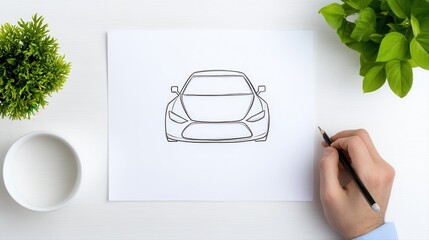Drawing of a sleek modern sports car with a minimalist design on white paper, artistic concept sketch of automotive vehicle development and innovation