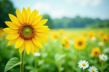 Fototapeta premium One yellow sunflower in field of white flowers, yellow, isolated, nature