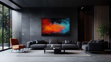 a modern office or living room with a surreal painting as the focal point. The room should have contemporary furniture and a clean, with the surreal painting prominently displayed on the wall