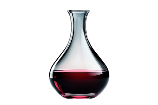 Elegant crystal decanter filled with rich red wine against a stark black background showcasing on transparent background