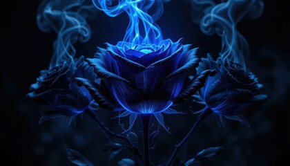 Fototapeta premium Enigmatic Blue Roses: A trio of meticulously rendered blue roses, with petals in intricate detail, emitting ethereal smoke, evoking a sense of mystique and enchantment. 