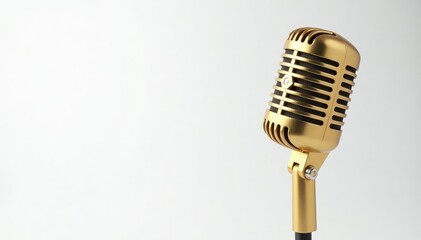 Fototapeta premium Single gold microphone isolated on pure white backdrop , white background, instrument