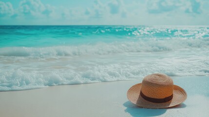 Wide-brimmed straw hat placed on a white sand beach with gentle waves in the background