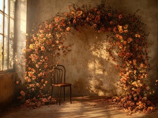 A beautiful floral arch adorns a space near a window