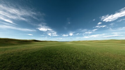 Fototapeta premium A peaceful, wide-open green grass field under a bright blue sky with soft clouds
